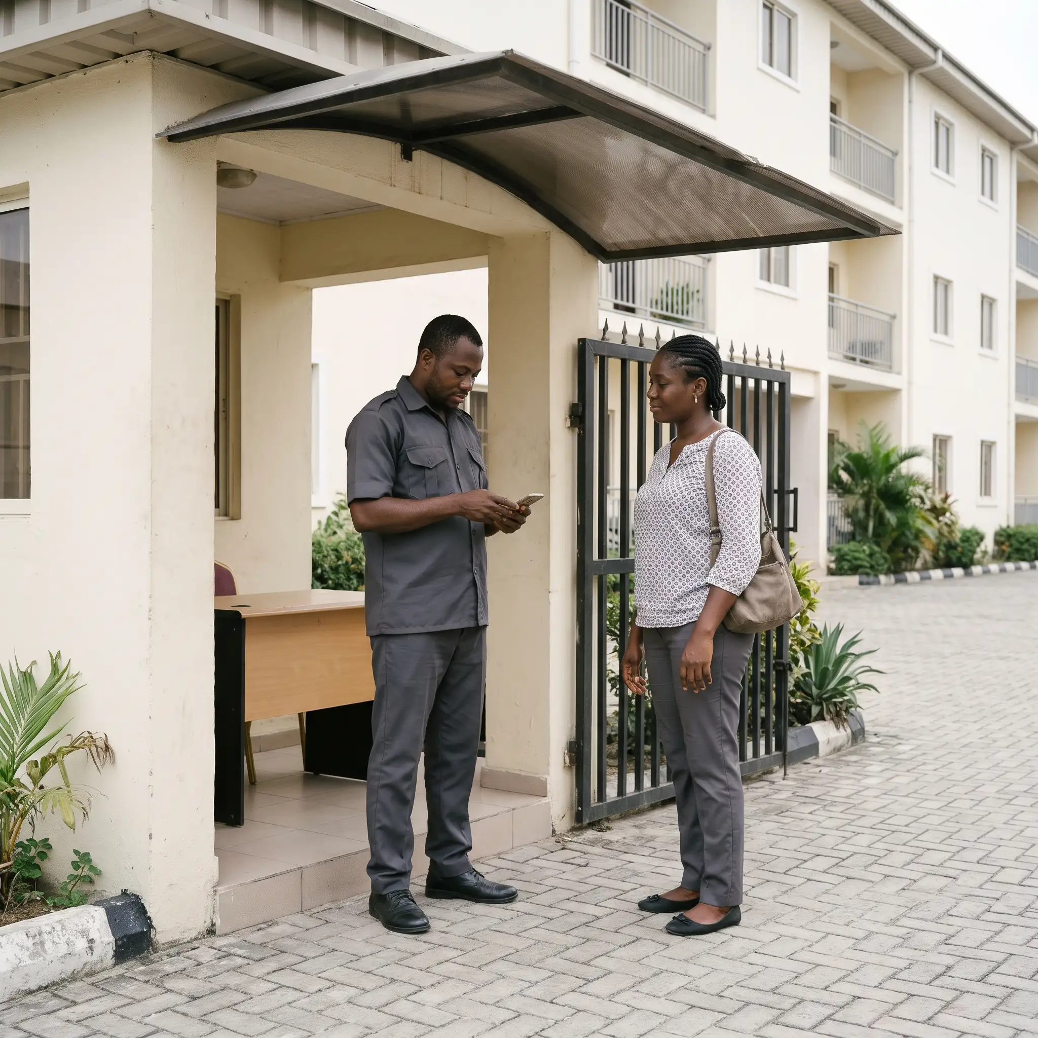 A gate officer checking a visitor pass while a visitor waits at an estate entrance.