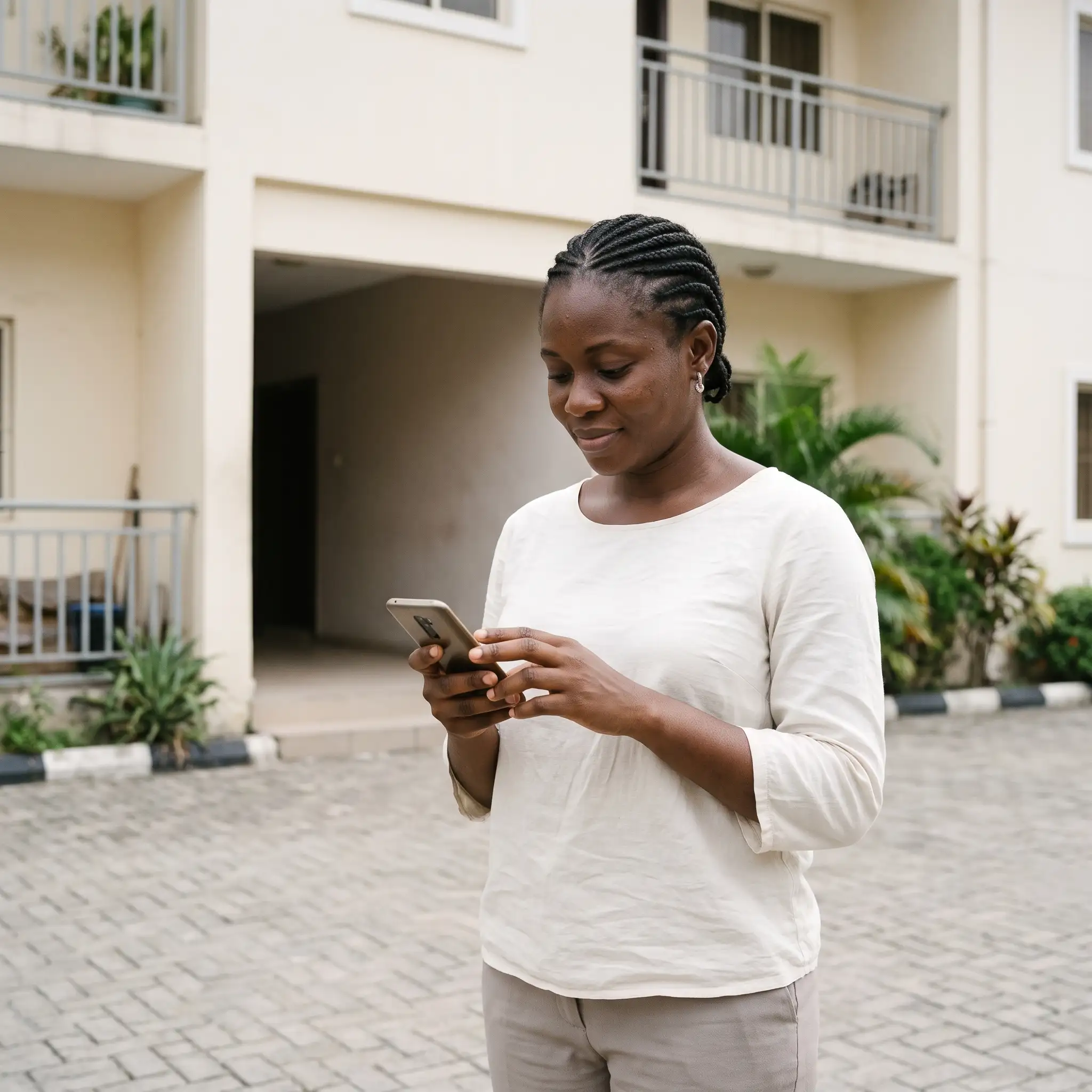 A resident checking her phone in the courtyard of a Nigerian residential estate.